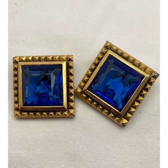 Vintage Yves St Laurent Clip on Blue Glass Runway Earrings - Picture 1 of 4